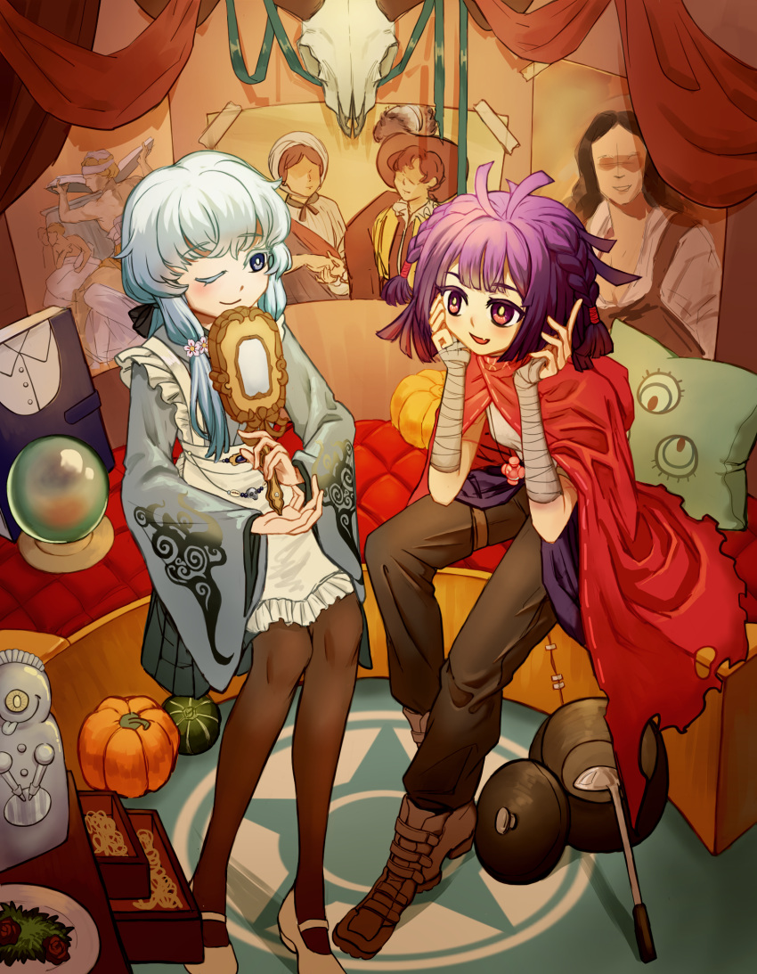 2girls, :d, ;), alternate_costume, antenna_hair, bandaged_arm, bandages, black_bow, black_pants, blue_eyes, blue_hair, blunt_bangs, boots, bow, braid, brown_footwear, brown_pantyhose, bunnycillin, cloak, closed_mouth, colored_eyelashes, cooking_pot, couch, crystal_ball, cupboard, flower, hair_bow, hair_flower, hair_ornament, hands_up, highres, holding, holding_mirror, indoors, ladle, light_blue_hair, looking_at_another, low_tied_sidelocks, magia_record:_mahou_shoujo_madoka_magica_gaiden, mahou_shoujo_madoka_magica, mary_janes, medium_hair, mirror, multiple_girls, one_eye_closed, pants, pantyhose, pillow, plate, pumpkin, purple_hair, red_cloak, sarasa_hanna, sena_mikoto, shoes, side_braids, sidelocks, sitting, skull, smile, torn_cloak, torn_clothes, tri_tails, white_flower, white_footwear