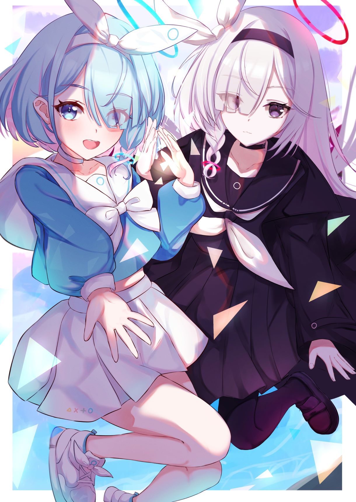 2girls, :3, a.r.o.n.a_(blue_archive), arona_(blue_archive), black_choker, black_coat, black_eyes, black_footwear