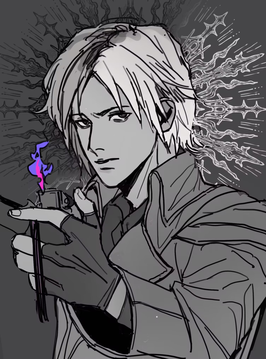 1boy, banjiaboluo, cigarette, coat, fingerless_gloves, fire, garo_(series), garo_fang_of_god_(series), gloves, grey_background, highres, holding, holding_cigarette, holding_lighter, jinga_mikage, lighter, looking_at_viewer, mado_flames_(series), multicolored_fire, open_clothes, open_coat, solo, upper_body, white_hair