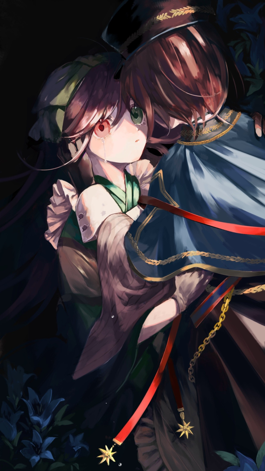 2girls, 58_(scbaby), alternate_costume, black_gloves, black_headwear, blue_capelet, brown_hair, capelet