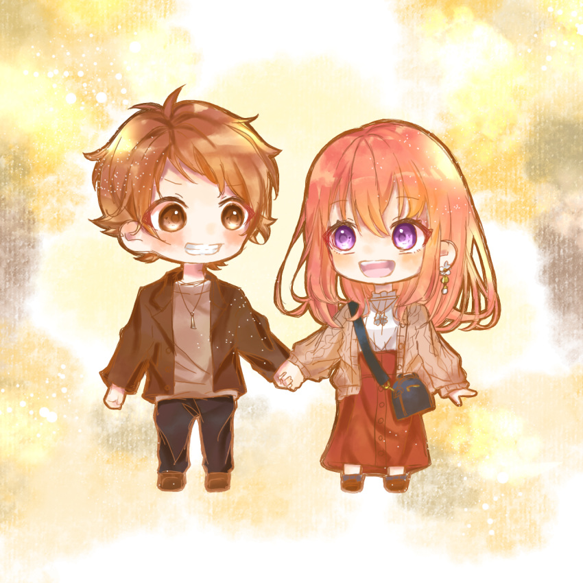 1boy, 1girl, :d, arm_at_side, bag, black_pants, blue_bag, blush