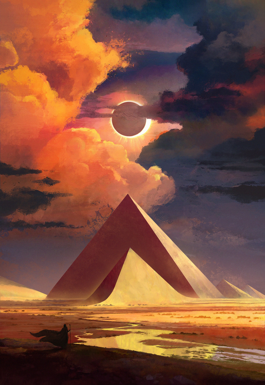 1other, absurdres, cloak, clouds, cloudy_sky, commentary, desert, eclipse