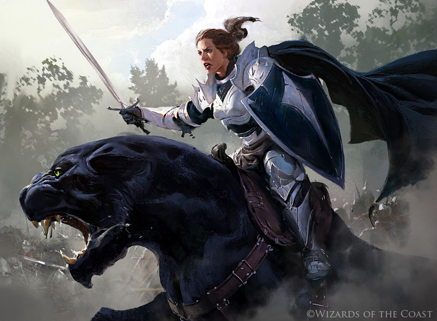 1girl, animal, armor, brown_hair, company_name, greg_rutkowski, holding, holding_shield