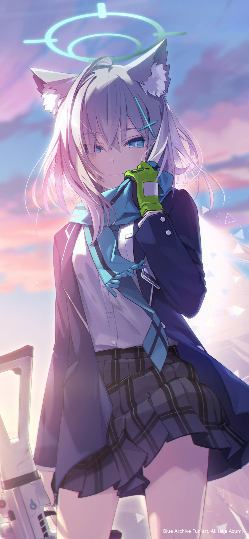 1girl, absurdres, adjusting_scarf, animal_ear_fluff, animal_ears, artist_name, assault_rifle, azumi_akitake