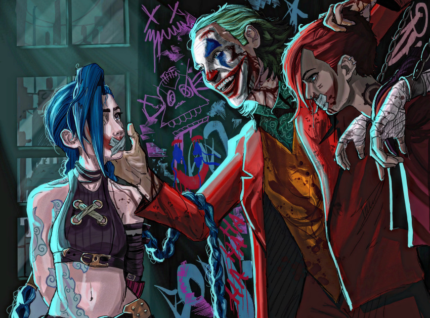 1boy, 2girls, arcane:_league_of_legends, arcane_jinx, arcane_vi, arm_tattoo, arms_behind_back, arms_up