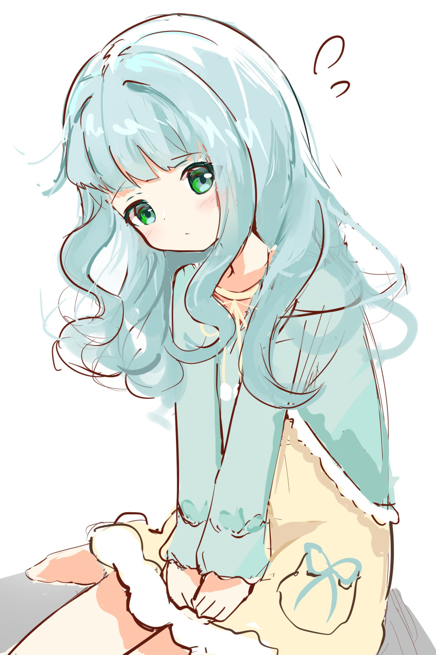 1girl, absurdres, aqua_cardigan, aqua_hair, blunt_bangs, blush, cardigan, closed_eyes