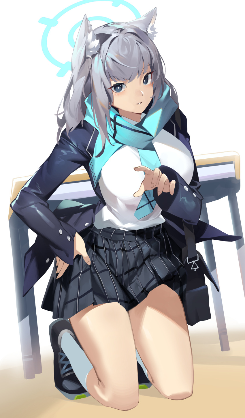 1girl, absurdres, alternate_eye_color, animal_ear_fluff, animal_ears, bag, blue_archive, blue_eyes