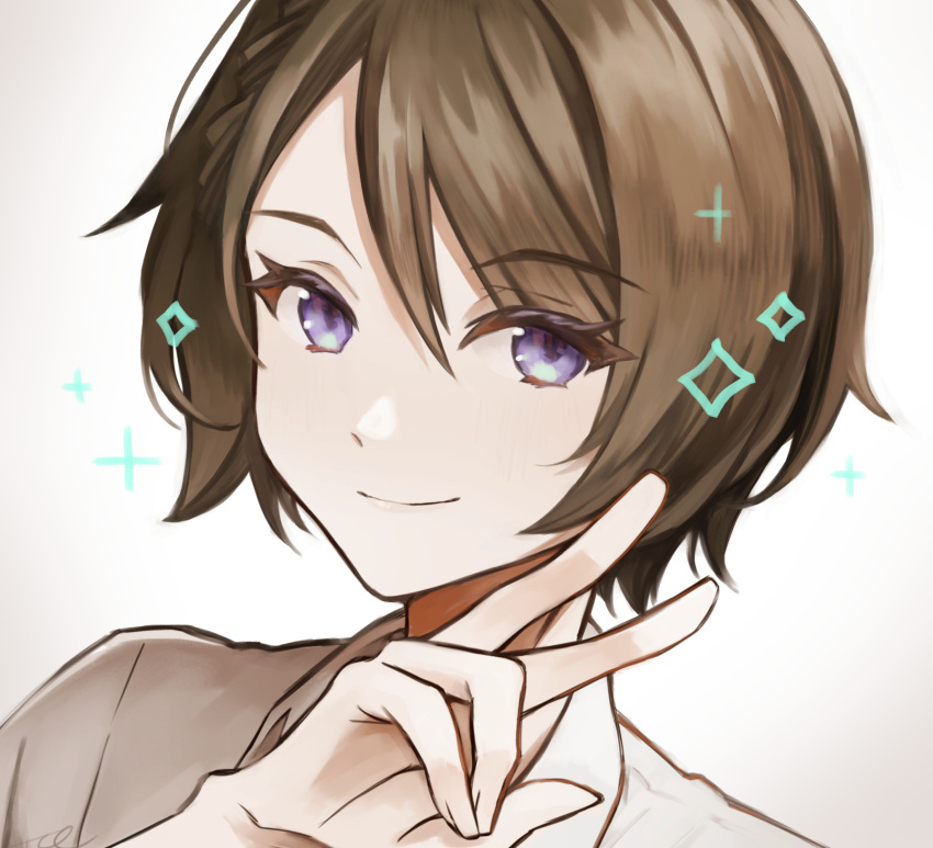 1girl, artist_name, braid, braided_bangs, brown_hair, closed_mouth, collared_shirt, gradient_background