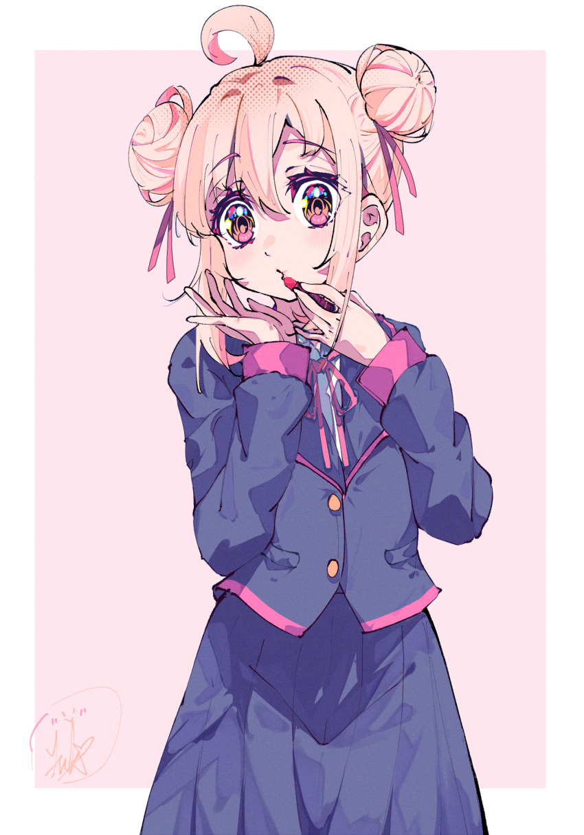 1girl, ahoge, cosmetics, double_bun, genderswap, genderswap_(mtf), hair_bun, hair_ribbon