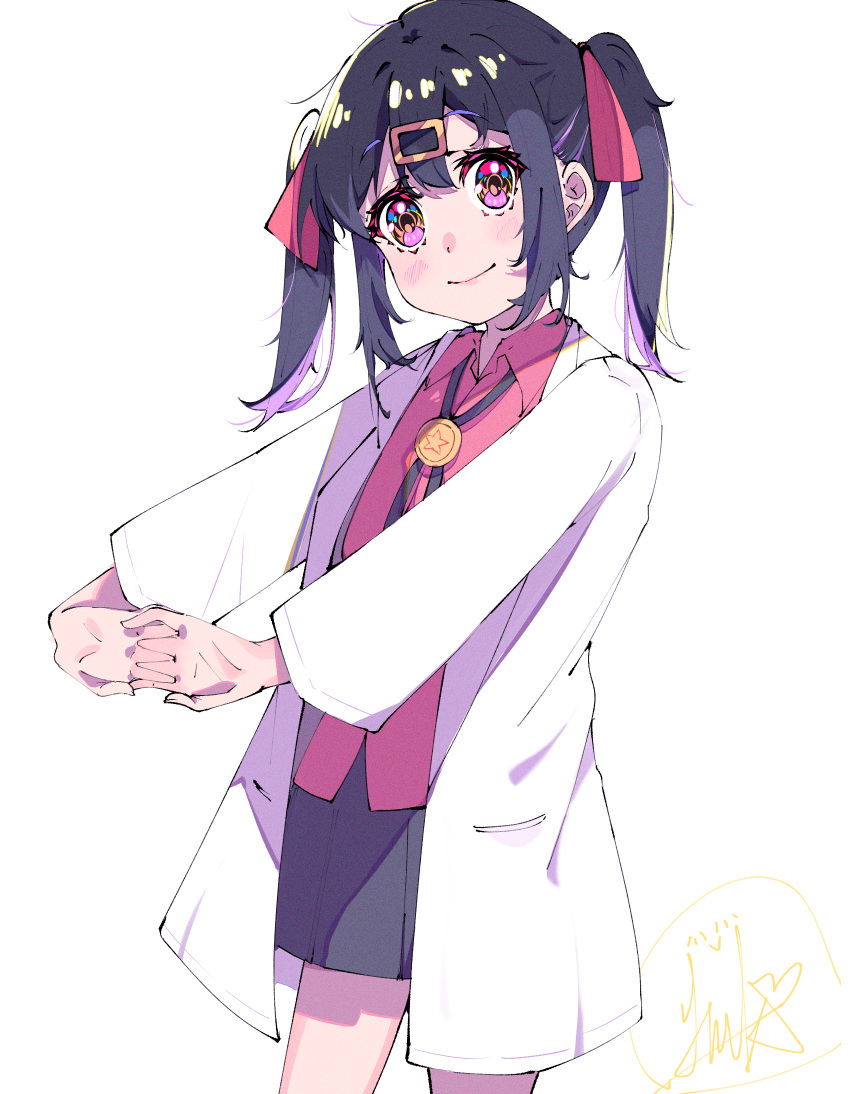 1girl, black_hair, hair_ornament, hair_ribbon, hanamizuki_yuuki, highres, labcoat, long_sleeves