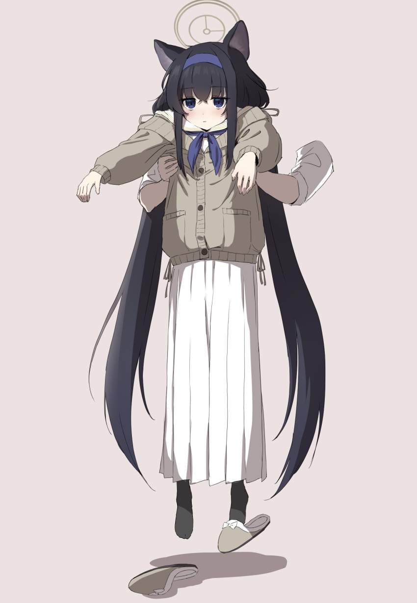 1girl, :|, absurdly_long_hair, animal_ears, bags_under_eyes, black_hair, black_socks, blue_archive