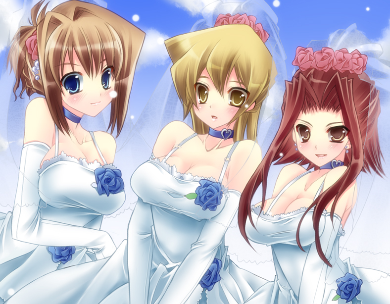 anna-his, blonde_hair, blue_eyes, blue_rose, blush, bride, brown_eyes, brown_hair