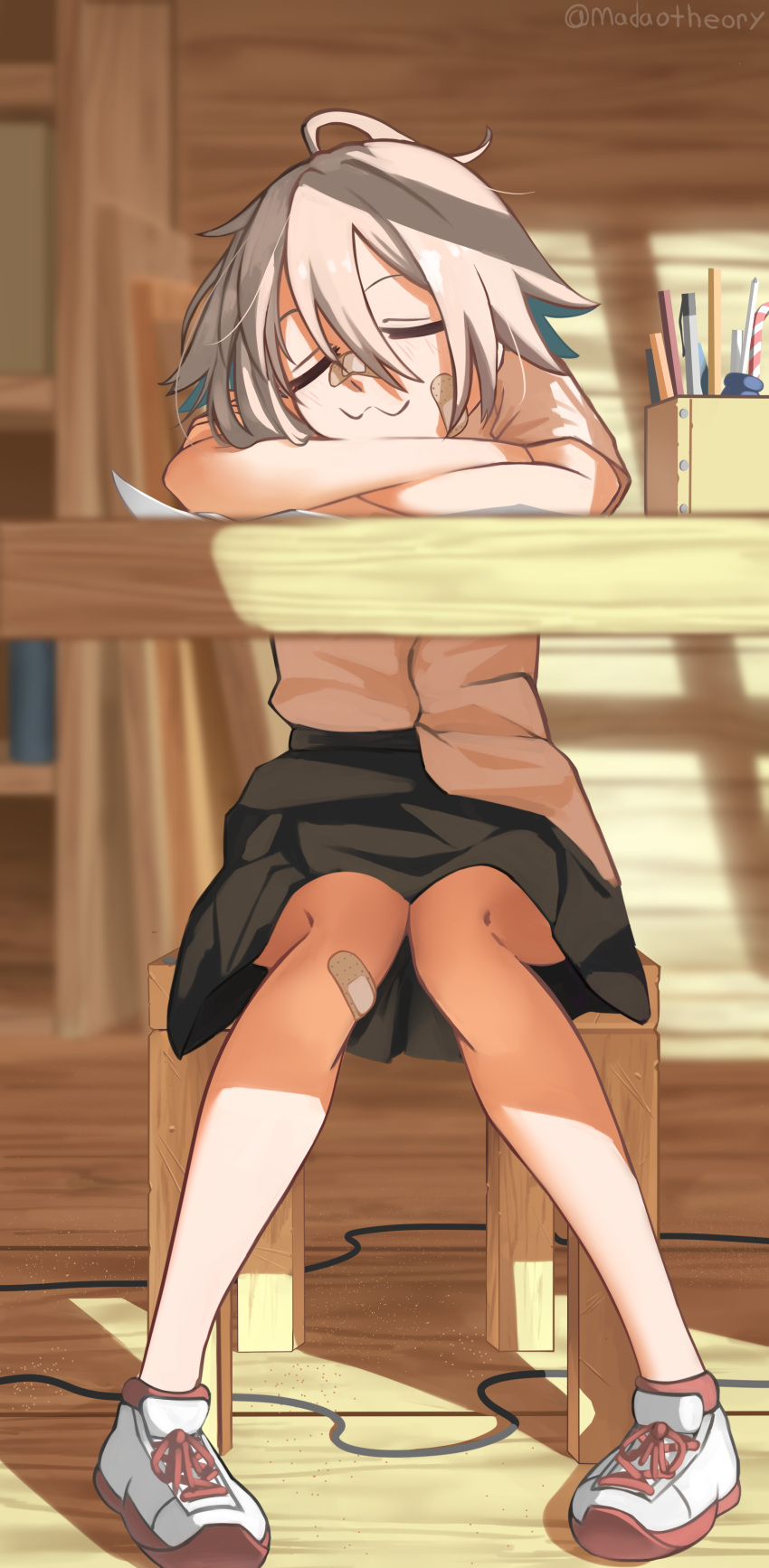 1girl, :3, =_=, absurdres, ahoge, artist_name, bandaid, bandaid_on_cheek, bandaid_on_face, bandaid_on_knee, bandaid_on_leg, bandaid_on_nose, black_skirt, blue_hair, bookshelf, colored_shoe_soles, commentary, crossed_arms, do_it_yourself!!, english_commentary, grey_hair, highres, knees_together_feet_apart, madaotheory, pen_holder, pleated_skirt, red_footwear, shirt, shirt_partially_tucked_in, sitting, skirt, sleeping, solo, stool, table, twitter_username, white_footwear, white_shirt, yua_serufu