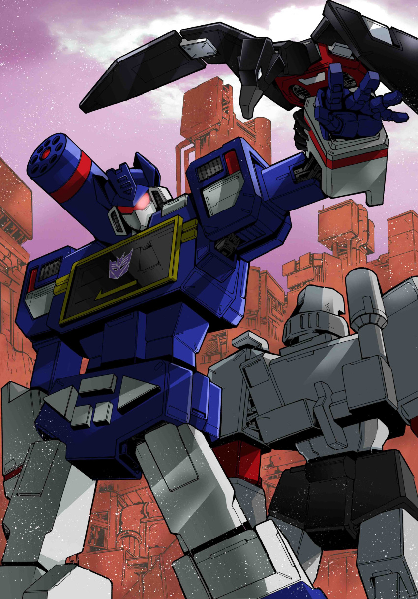 absurdres, back-to-back, clouds, decepticon, head_tilt, highres, laserbeak, looking_at_viewer