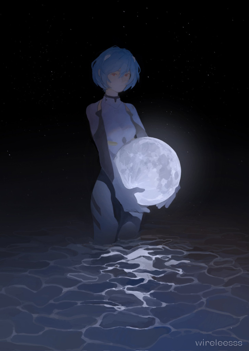 1girl, ayanami_rei, blue_hair, bodysuit, breasts, closed_mouth, hair_between_eyes, highres, holding, moon, neon_genesis_evangelion, pilot_suit, plugsuit, red_eyes, short_hair, solo, star_(sky), water, white_bodysuit, wireleesss