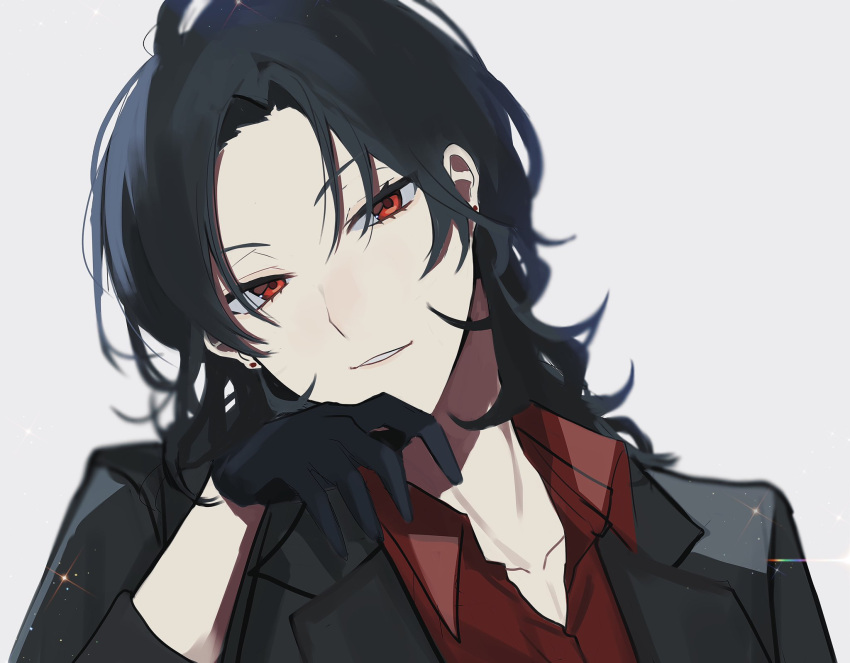 1boy, black_gloves, black_hair, black_jacket, collared_shirt, earrings, ensemble_stars!, gloves