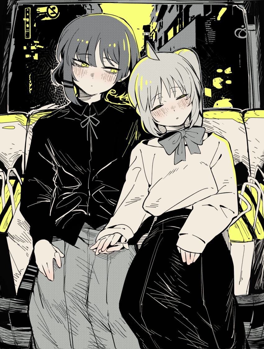 2girls, ahoge, asymmetrical_sidelocks, backlighting, bag, blush, bocchi_the_rock!, bow_choker