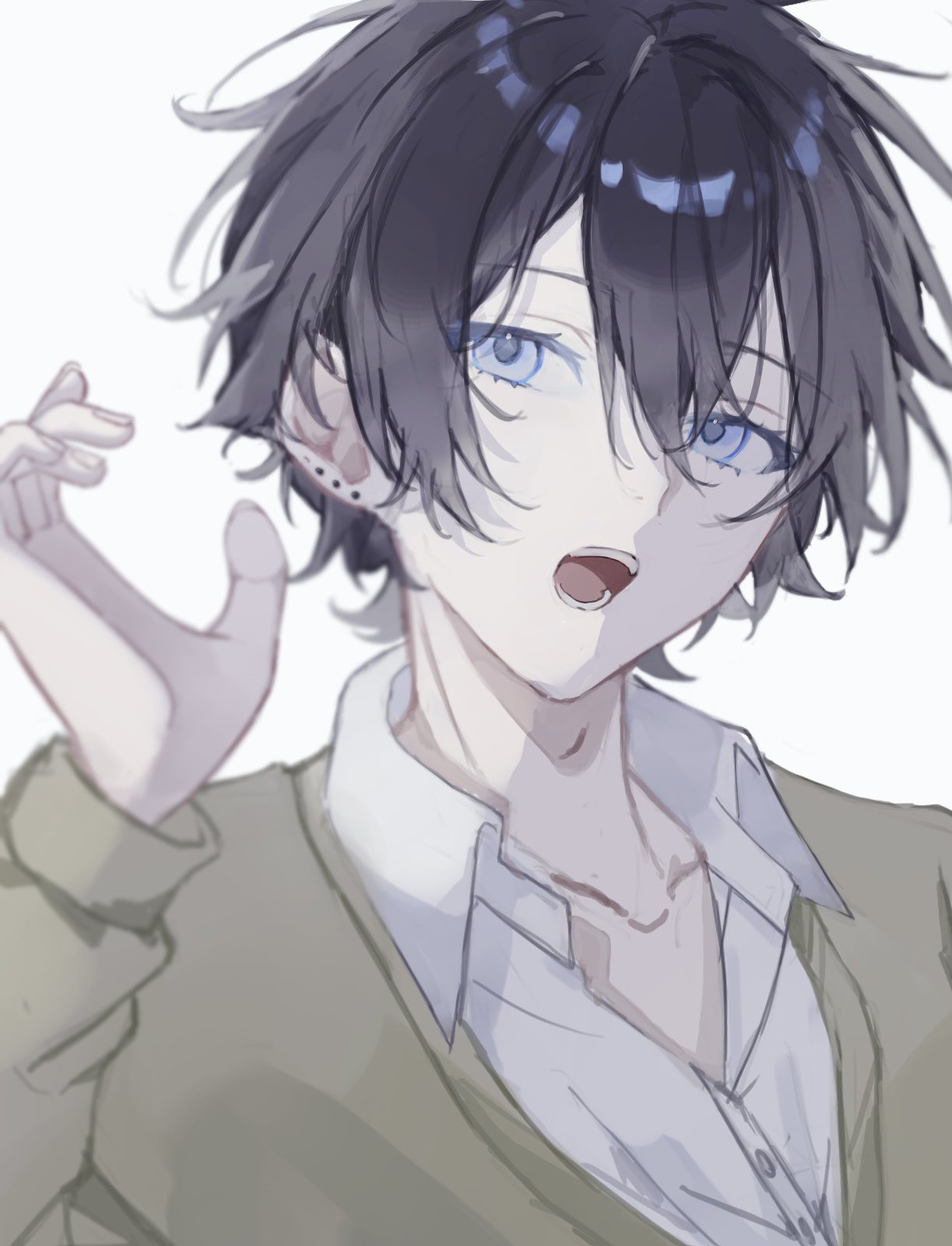 1boy, bishounen, black_hair, blue_eyes, brown_sweater, collared_shirt, ear_piercing, highres, hori-san_to_miyamura-kun, kagaku_o, long_sleeves, male_focus, miyamura_izumi, open_clothes, open_mouth, open_shirt, piercing, shirt, short_hair, solo, sweater, unbuttoned, unbuttoned_shirt, white_shirt