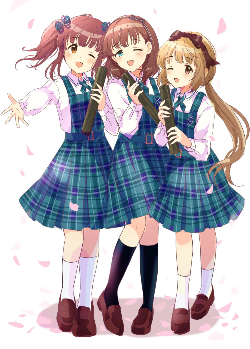 3girls, ;d, black_socks, blue_eyes, blunt_bangs, blush, bow, brown_eyes, brown_hair, cinderella_girls_gekijou, emblem, falling_petals, graduation, green_skirt, hair_bow, hair_ornament, hair_ribbon, hairband, highres, holding, idolmaster, idolmaster_cinderella_girls, loafers, long_hair, long_sleeves, looking_at_viewer, multiple_girls, ogata_chieri, one_eye_closed, open_mouth, petals, plaid, plaid_skirt, ponytail, potesara888, reaching_towards_viewer, ribbon, sakuma_mayu, school_uniform, shirt, shoes, short_hair, simple_background, skirt, smile, socks, suspender_skirt, suspenders, twintails, very_long_hair, white_background, white_shirt, white_socks, yorita_yoshino