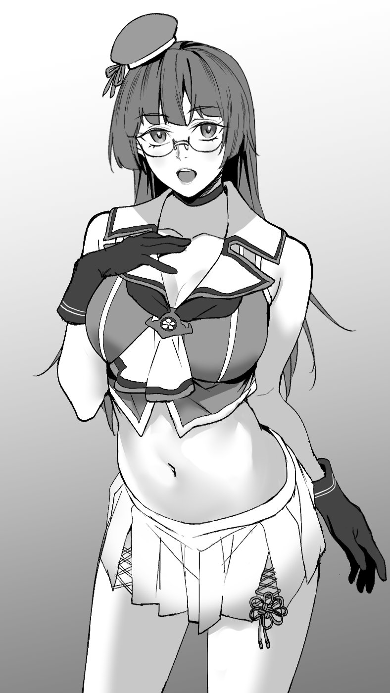 1girl, beret, breasts, choukai_(kancolle), choukai_kai_ni_(kancolle), glasses, gloves, greyscale