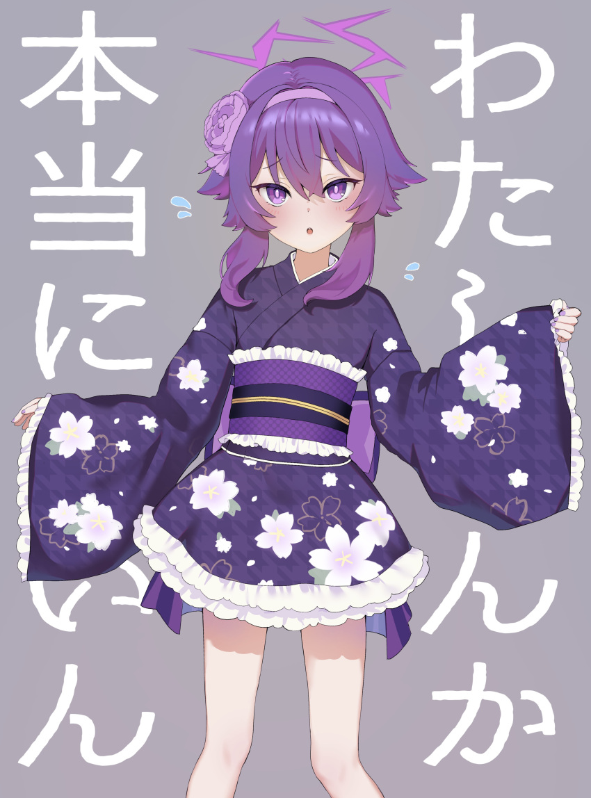 1girl, absurdres, blue_archive, blush, floral_print, flying_sweatdrops, hairband, halo
