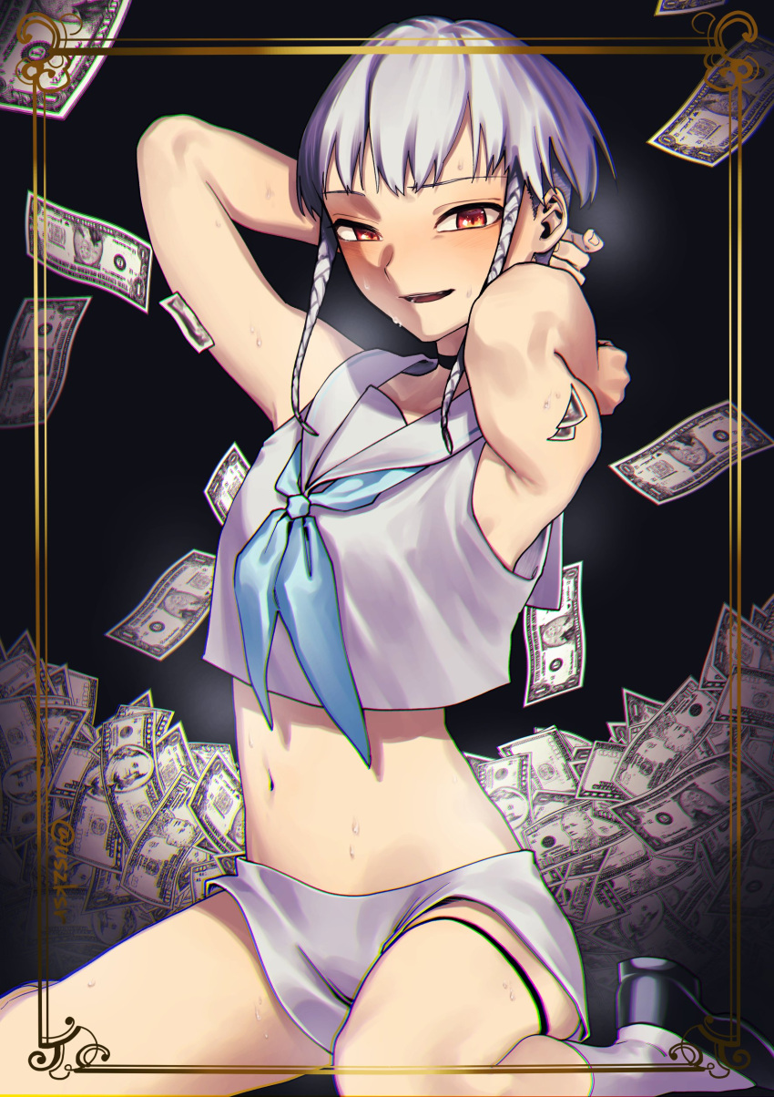 1boy, absurdres, androgynous, bare_shoulders, braid, dollar_bill, grey_hair, highres, hyperinflation, looking_at_viewer, male_focus, money, navel, orange_eyes, otoko_no_ko, red_eyes, short_hair_with_long_locks, shorts, sweatdrop, twin_braids, usasaki_shiro, white_hair, white_shorts