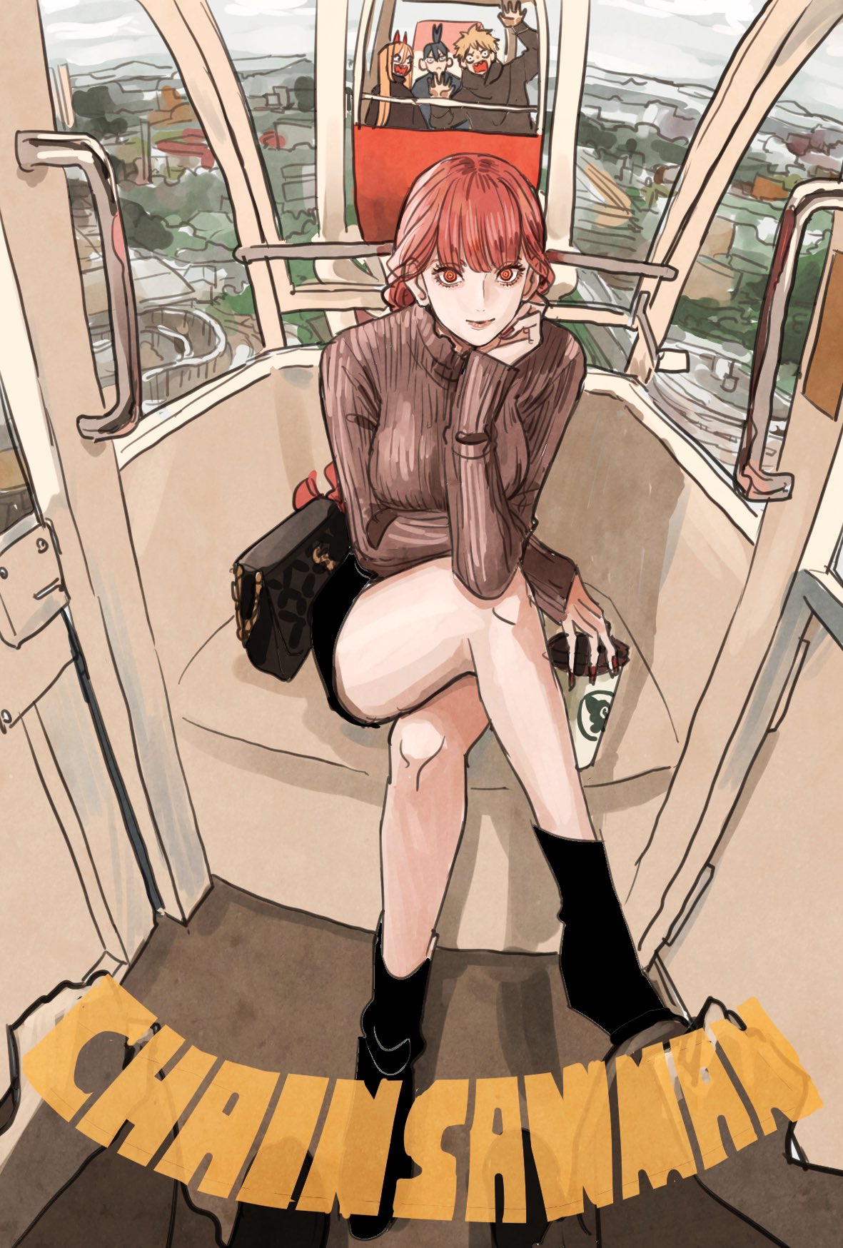 1girl, 2boys, 2girls, bag, black_hair, black_skirt, blonde_hair, braid