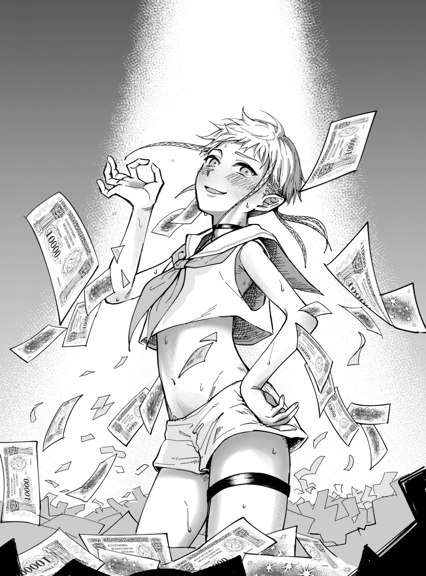 1boy, androgynous, bare_shoulders, black_choker, blush, braid, choker, dollar_bill, greyscale, hand_on_hip, highres, hyperinflation, looking_at_viewer, luke_(hyperinflation), male_focus, money, monochrome, navel, okotatsu, open_mouth, otoko_no_ko, pointy_ears, short_hair_with_long_locks, shorts, twin_braids