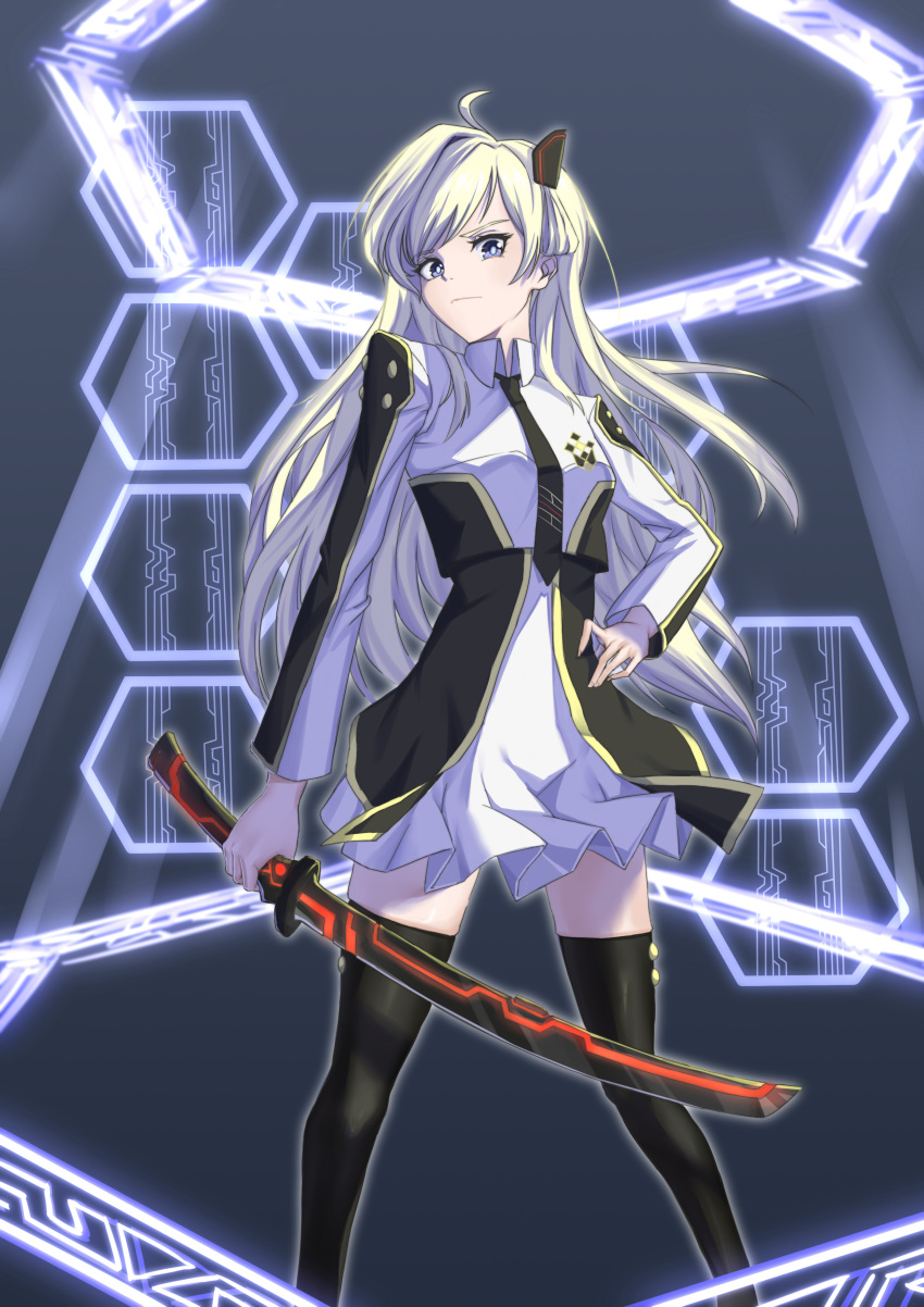 1girl, absurdres, black_necktie, blonde_hair, blue_eyes, collared_dress, dress, duel_monster