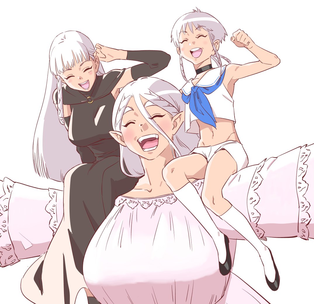 1boy, 2girls, androgynous, bare_shoulders, black_choker, black_dress, braid, breasts