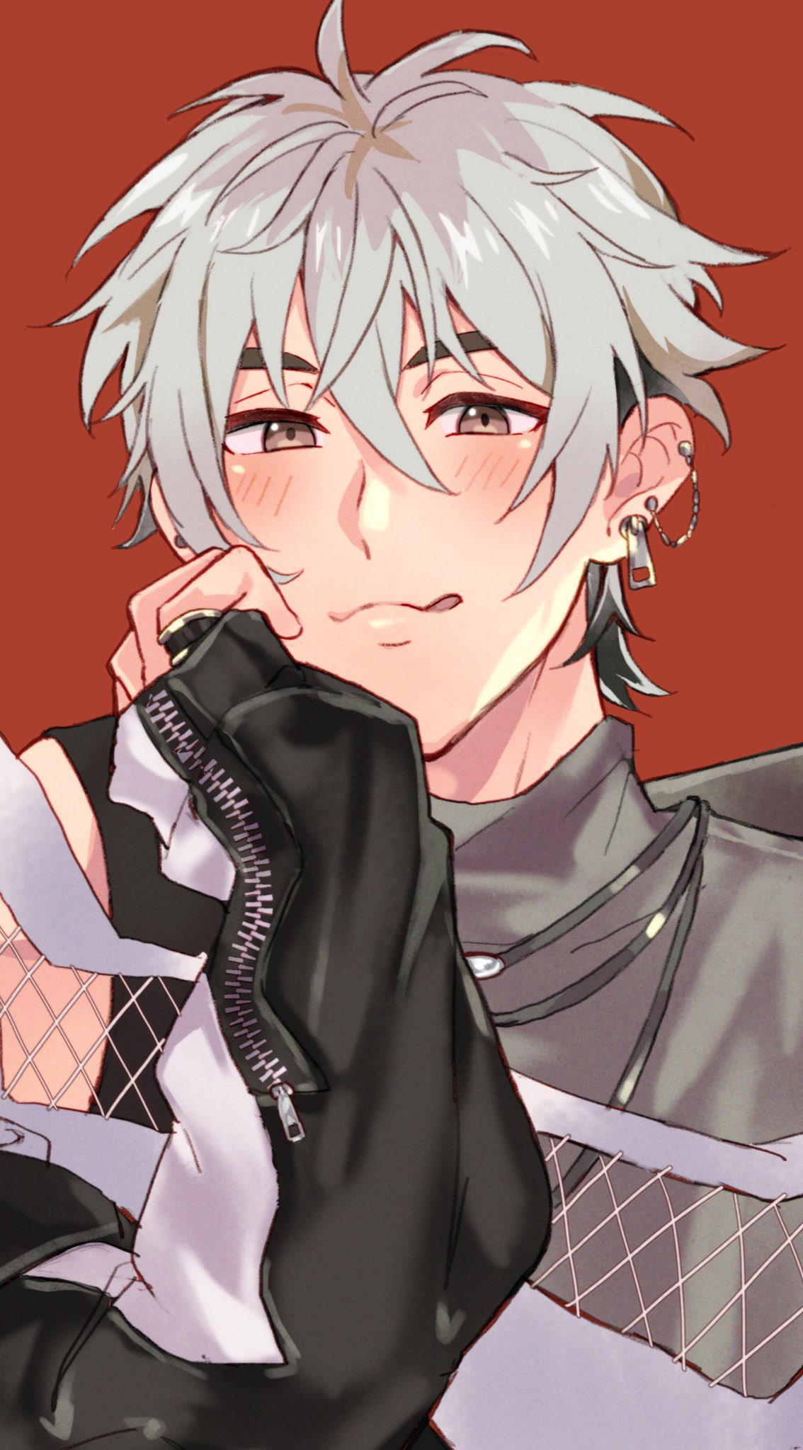 1boy, bishounen, brown_eyes, eiden_(nu_carnival), grey_hair, highres, long_sleeves, looking_at_viewer