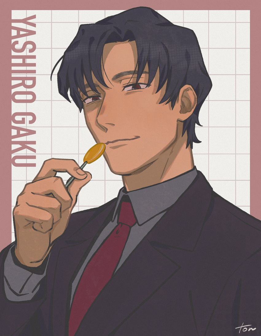 1boy, 78aun, black_hair, boku_dake_ga_inai_machi, candy, character_name, food, formal, highres, holding, holding_candy, holding_food, holding_lollipop, lollipop, long_sleeves, looking_at_viewer, male_focus, necktie, red_eyes, red_necktie, short_hair, smile, yashiro_gaku