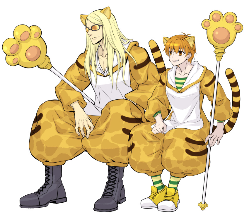 1boy, 1girl, animal_ears, black_footwear, blonde_hair, boots, closed_mouth, cosplay