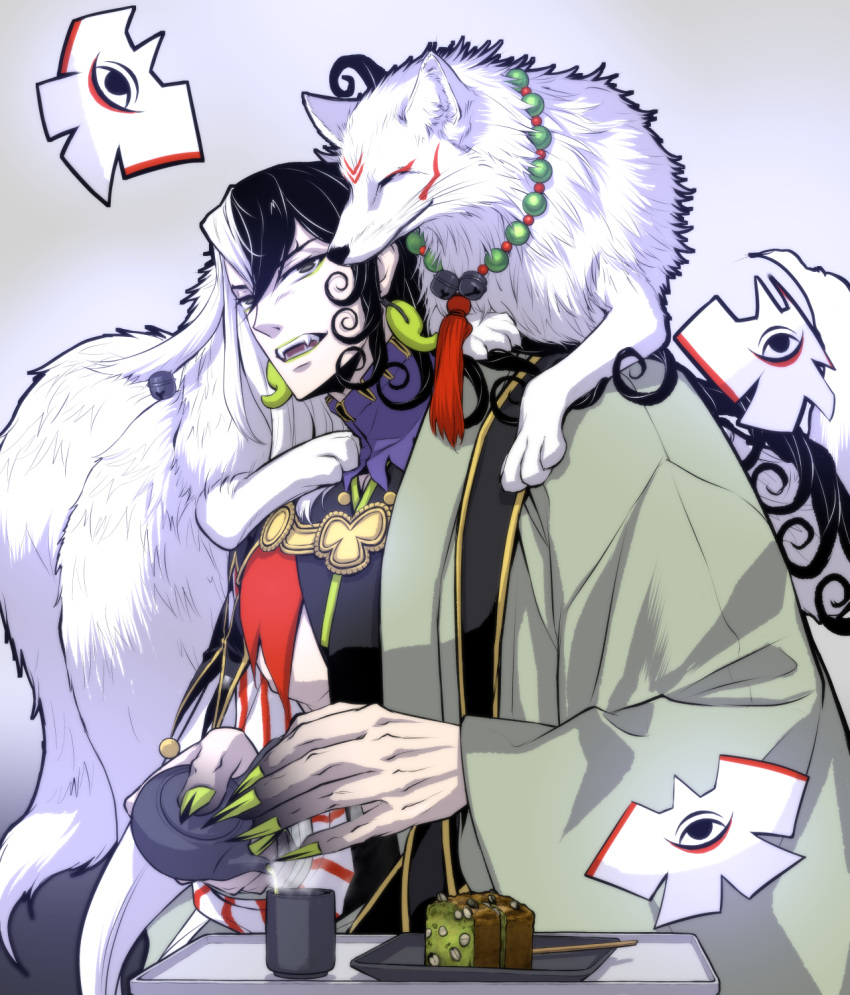 1boy, ashiya_douman_(fate), bell, curly_hair, earrings, fangs, fate/grand_order, fate_(series), fingernails, food, green_kimono, green_nails, grey_eyes, hair_bell, hair_ornament, highres, japanese_clothes, jewelry, kimono, long_fingernails, looking_at_another, magatama, magatama_earrings, male_focus, multicolored_hair, multiple_tails, necklace, pale_skin, ria_(ria89921957), split-color_hair, tail, tray, two-tone_hair, upper_body, white_wolf, wolf