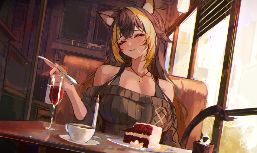 1girl, ^_^, animal_ears, bare_shoulders, black_shirt, blush, booth_seating, breasts