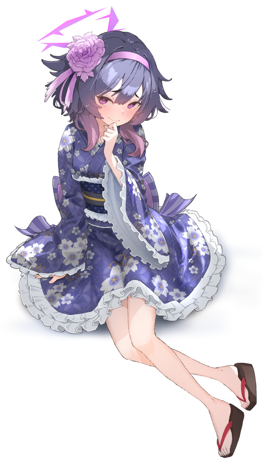 1girl, black_hair, blue_archive, commentary_request, flower, frilled_kimono, frills, full_body
