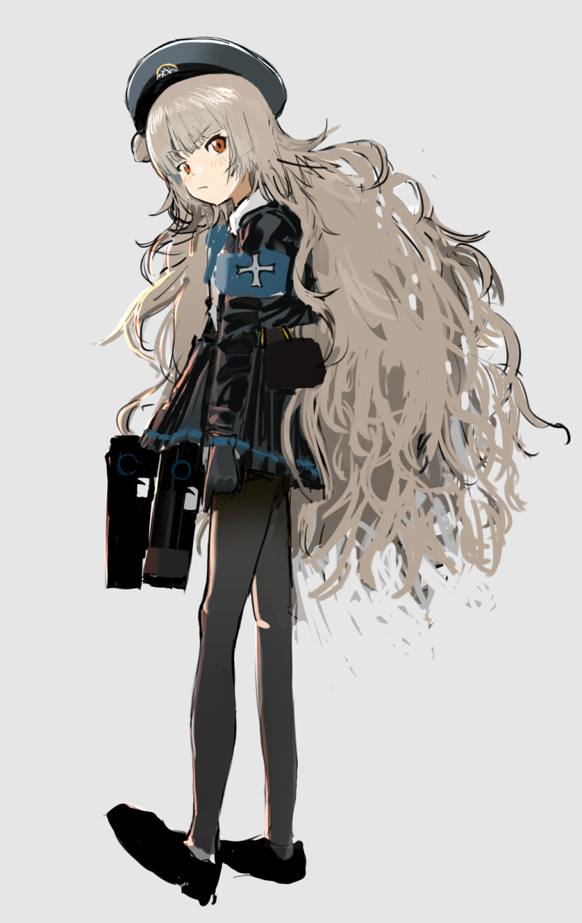 1girl, black_footwear, black_gloves, black_headwear, black_jacket, black_pantyhose, black_skirt, blue_armband, blue_bow, blue_bowtie, bow, bowtie, brown_eyes, collared_shirt, cross, dual_wielding, gloves, goddess_of_victory:_nikke, grey_hair, gun, hair_bun, hat, highres, holding, jacket, loafers, long_hair, military_hat, military_jacket, open_clothes, open_jacket, pantyhose, peaked_cap, pleated_skirt, s1gedd, shirt, shoes, sidelocks, simple_background, single_hair_bun, skirt, soline_(nikke), solo, standing, submachine_gun, toes_up, very_long_hair, wavy_hair, weapon, white_shirt
