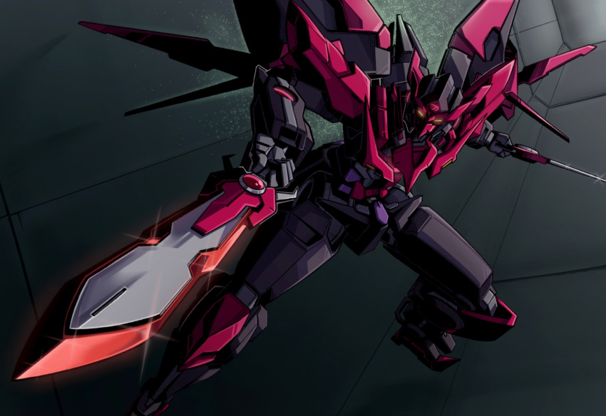 commentary, dual_wielding, english_commentary, flying, foreshortening, glint, glowing, glowing_eyes