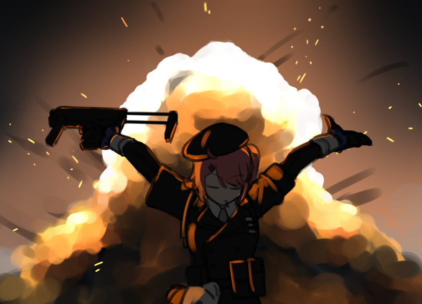 1girl, ahoge, arms_up, closed_eyes, explosion, girls'_frontline_2:_exilium, girls_frontline, gloves, gun, h&amp;k_mp7, hair_ornament, hairclip, hat, highres, holding, holding_gun, holding_weapon, jacket, missileer, mouth_hold, mp7_(girls'_frontline), necktie, outdoors, outstretched_arms, redhead, side_ponytail, solo, spread_arms, submachine_gun, upper_body, weapon