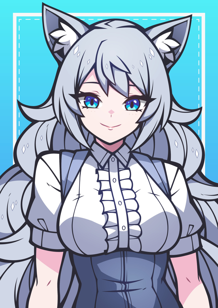 1girl, absurdres, animal_ears, bacon_strips, blue_eyes, blush, borrowed_character, breasts
