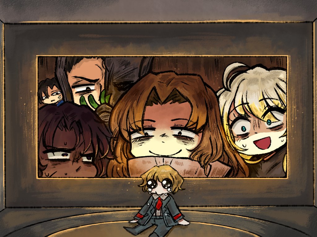 2girls, 4boys, ahoge, anger_vein, animanima, bags_under_eyes, black_hair, blonde_hair