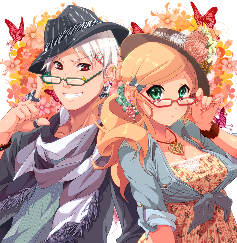 blonde_hair, fashion, fedora, fingernails, floral_print, flower, glasses, green_eyes