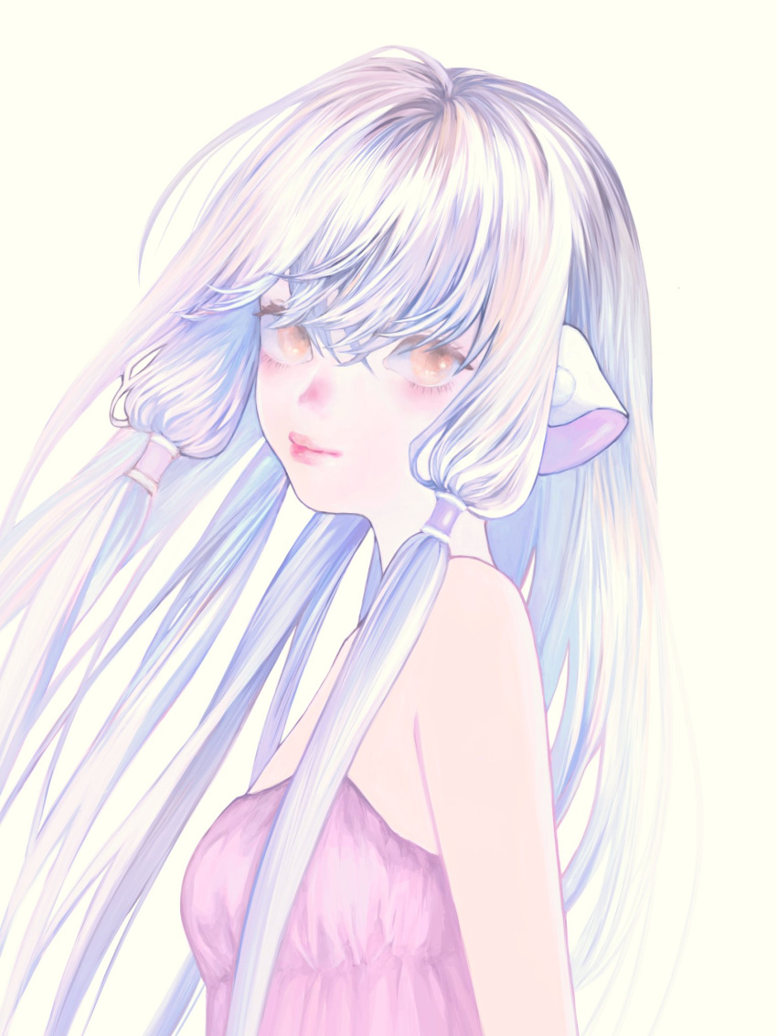 1girl, bare_shoulders, blackblackblack, blunt_bangs, brown_eyes, chii, chobits, closed_mouth, floating_hair, from_side, hair_between_eyes, hair_tubes, highres, light_blush, light_smile, long_hair, looking_at_viewer, portrait, purple_hair, robot_ears, simple_background, upper_body, very_long_hair, yellow_background