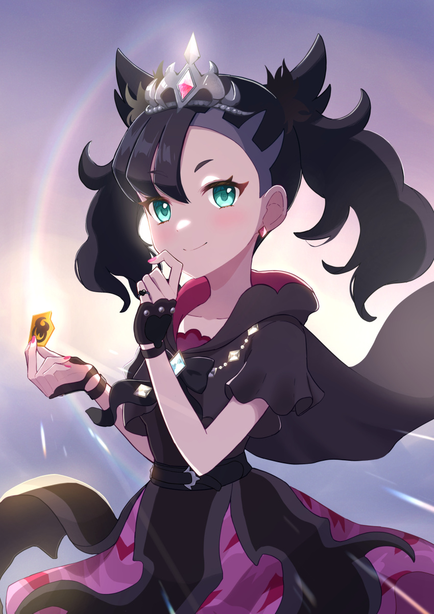 1girl, absurdres, aqua_eyes, asymmetrical_bangs, belt, black_belt, black_dress, black_hair, cape, dress, earrings, fingerless_gloves, gloves, haru_(haruxxe), highres, jewelry, looking_at_viewer, marnie_(champion)_(pokemon), marnie_(pokemon), medium_hair, pokemon, pokemon_(game), pokemon_masters_ex, pokemon_swsh, short_sleeves, smile, solo, tiara, twintails