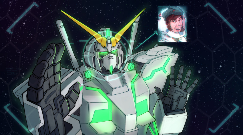 1boy, banagher_links, brown_hair, english_commentary, full_armor_unicorn_gundam, glowing, glowing_eyes, gundam