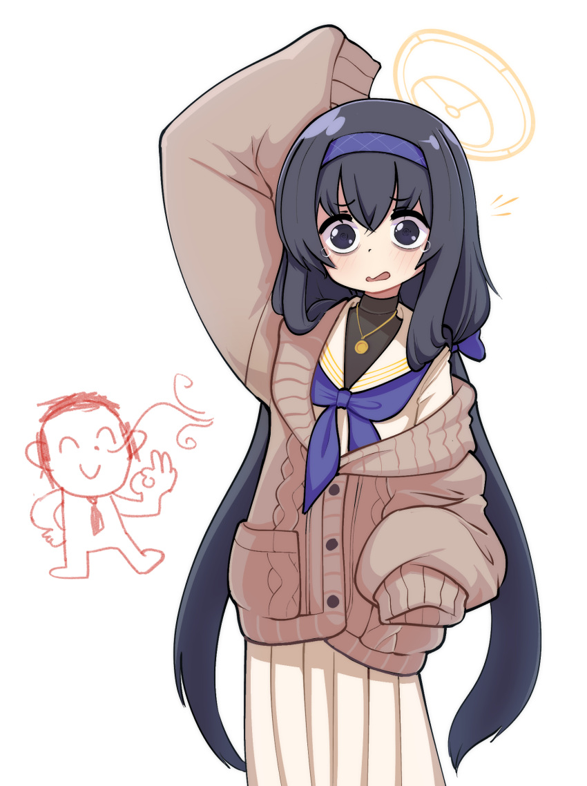 1boy, 1girl, @_@, arm_up, arona's_sensei_doodle_(blue_archive), black_eyes, black_hair, black_shirt