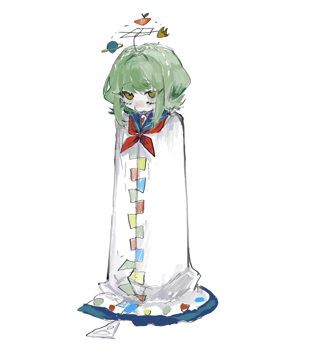 1girl, blue_sailor_collar, cloak, crescent, empty_eyes, flipped_hair, floating_headgear, food