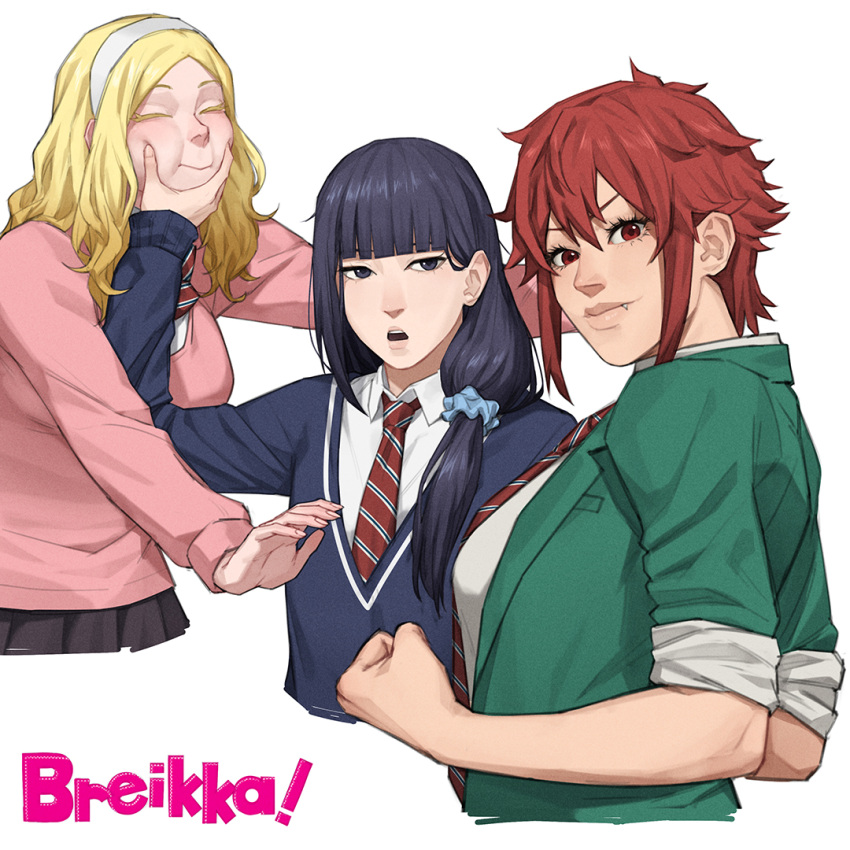 3girls, aizawa_tomo, arm_up, artist_name, black_hair, blonde_hair, blunt_bangs, breikka