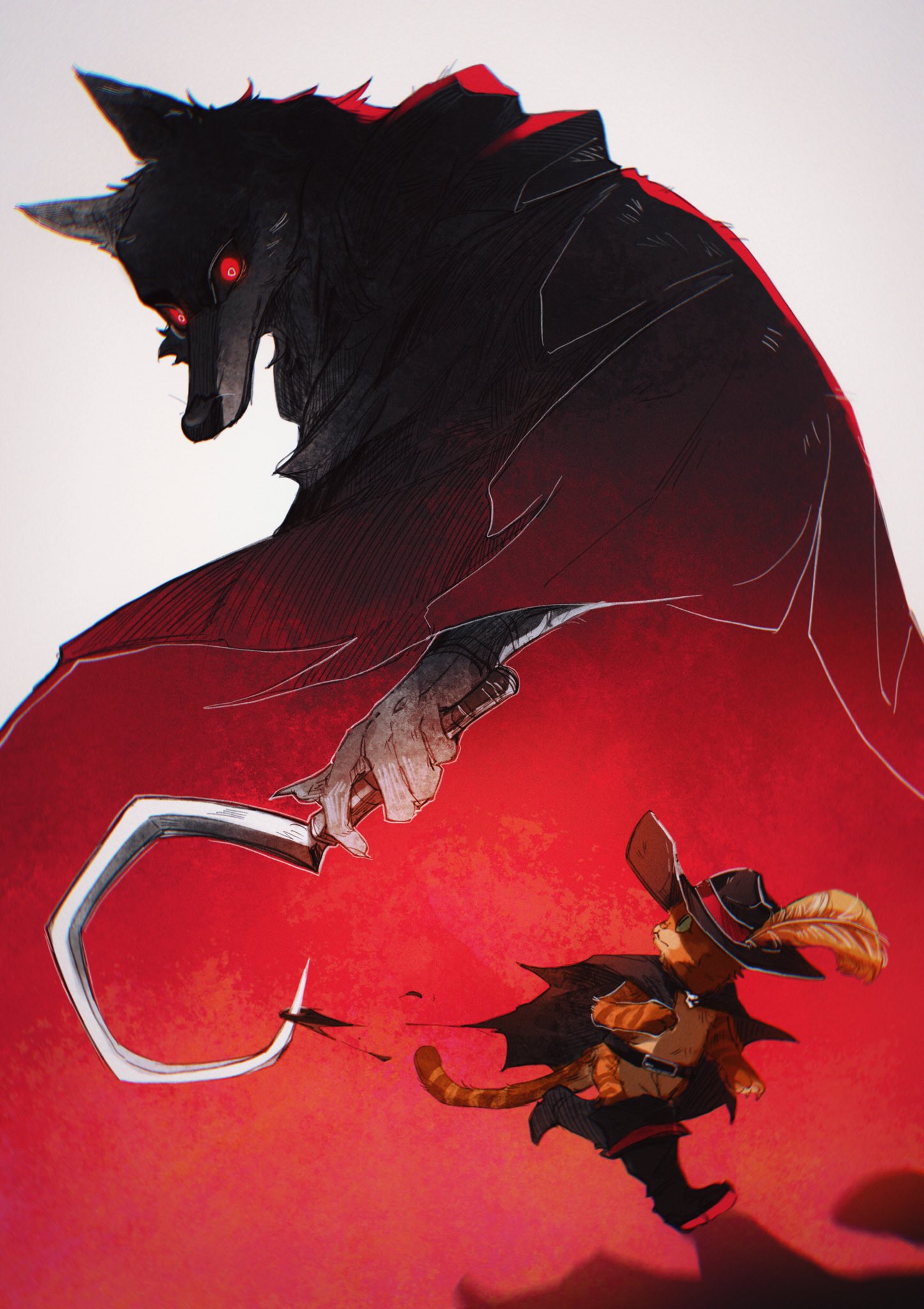 2boys, black_cloak, cat_boy, cavalier_hat, cloak, death_(puss_in_boots), furry, furry_male, highres, holding_sickle, kaite_xyxy, male_focus, multiple_boys, orange_cat, orange_fur, puss_in_boots, puss_in_boots:_the_last_wish, puss_in_boots_(shrek), red_eyes