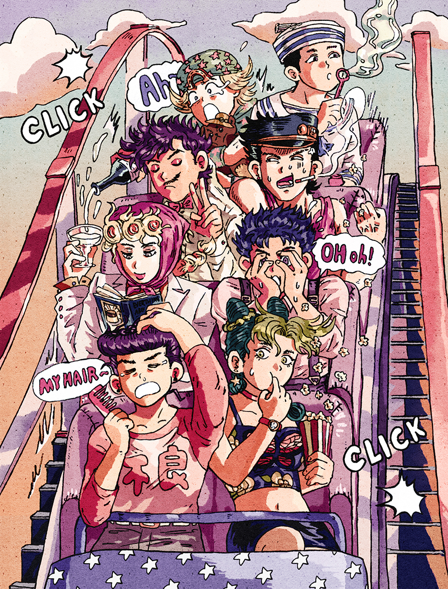 1girl, 6+boys, aged_down, amusement_park, angry, battle_tendency, blue_hair, book